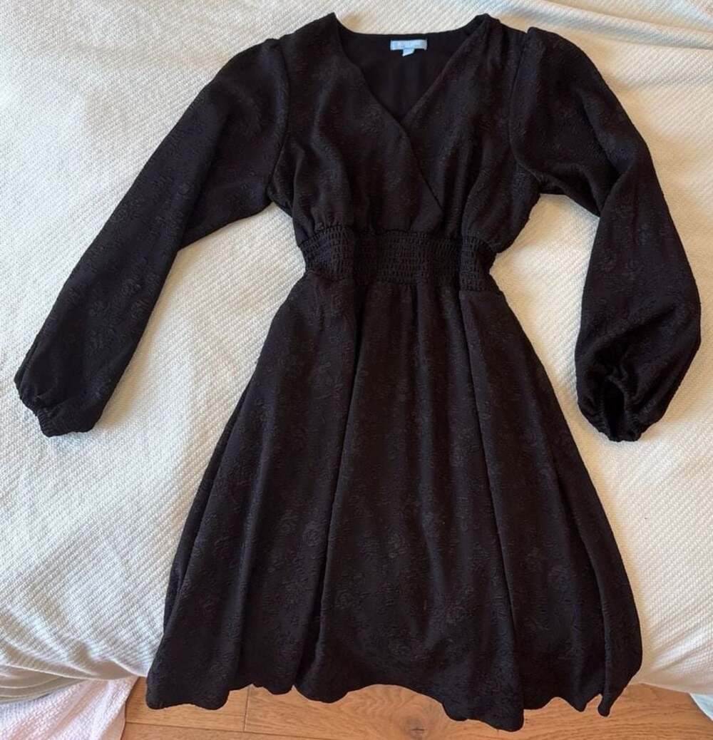 Draper James RSVP Black Floral Jacquard Smocked Waist Long Sleeve Mini Dress